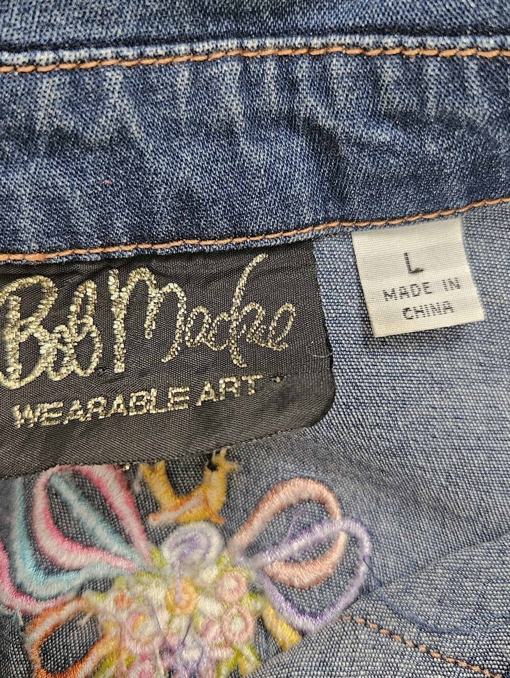 VTG Y2K Bob Mackie Wearable Art Embroidered Denim Shirt Maypole Floral Womens L - Picture 10 of 11